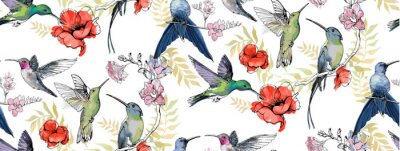 Patroon met kolibries tussen romantische bloemen