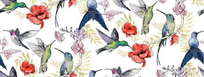 Fotobehang Patroon met kolibries tussen romantische bloemen