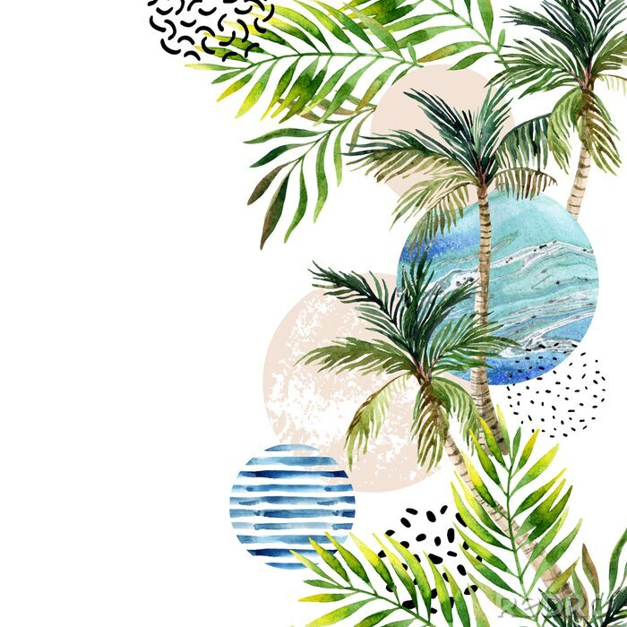 Fotobehang Patroon met palmbomen zee en stippen