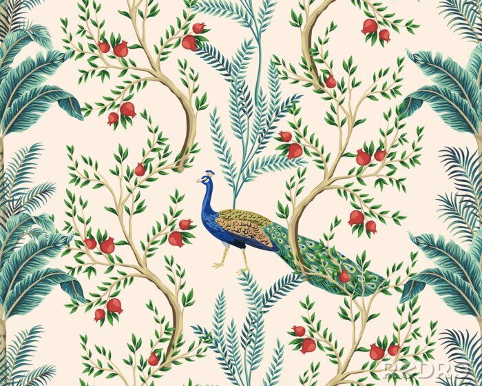 Fotobehang Pauwen, granaatappels en palmbomen