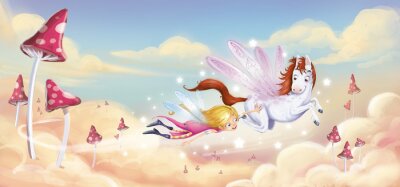 Fotobehang Pegasus en een meisje in een fantasiewereld
