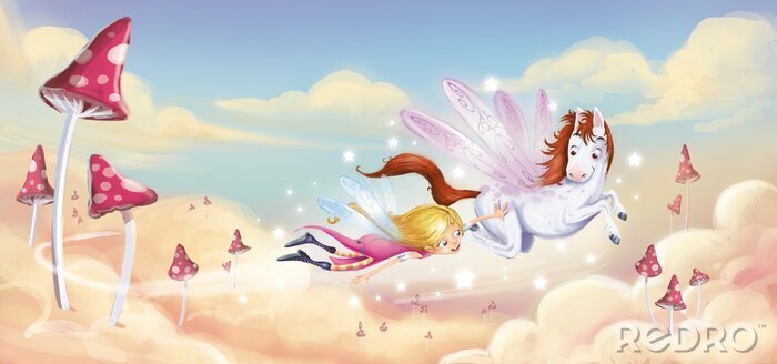 Fotobehang Pegasus en een meisje in een fantasiewereld