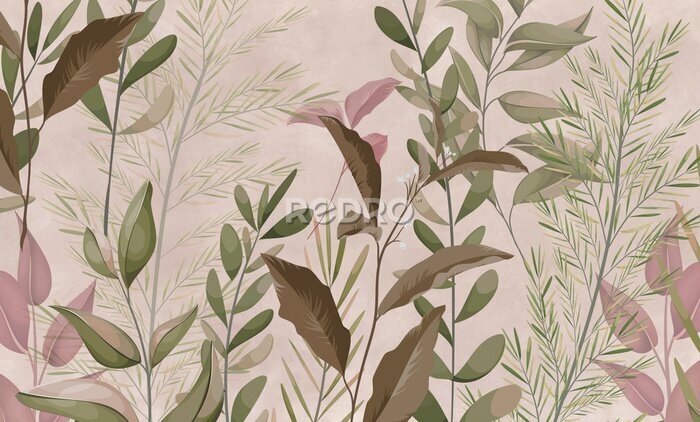 Fotobehang Photo wallpapers for walls. Beautiful leaves on a beige background. A mural for a room. Painted grass.