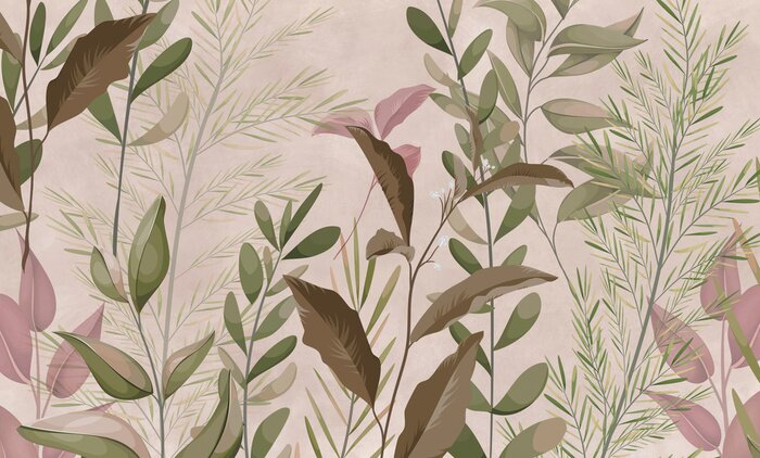Fotobehang Photo wallpapers for walls. Beautiful leaves on a beige background. A mural for a room. Painted grass.