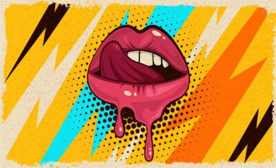 Fotobehang Pink, red lips, mouth and tongue  icon on pop art retro vintage colorful background. Trendy and fashion color illustration easy editable for Your design of poster and banner. 
