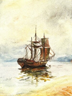 Fotobehang Piratenschip aquarel zeilboot