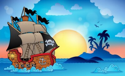Fotobehang Piratenschip en tropisch eiland