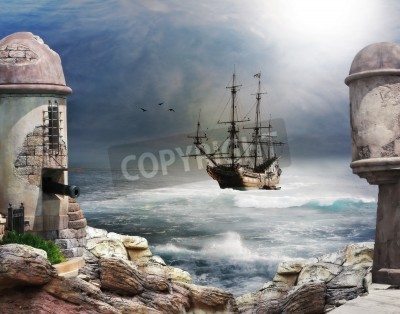 Fotobehang Piratenschip op de golven