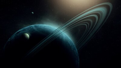 planet with rings and moons, planet and satellites sci fi space background realistic illustration (no NASA images used)
