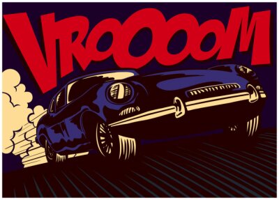 Pop art comic book stijl snelle sport auto rijden op volle snelheid met vrooom onomatopoeia vector illustratie poster ontwerp