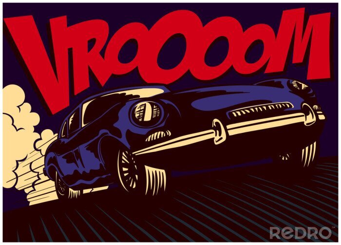Fotobehang Pop art comic book stijl snelle sport auto rijden op volle snelheid met vrooom onomatopoeia vector illustratie poster ontwerp