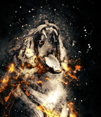 Fotobehang Portret van een tijger in vlammen
