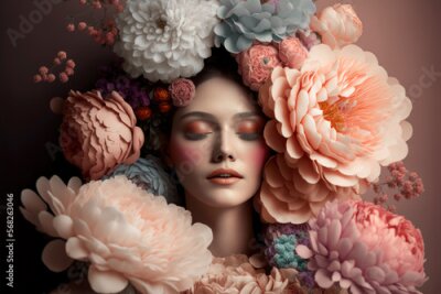 Fotobehang Portret van een vrouw tussen bloemen 3D