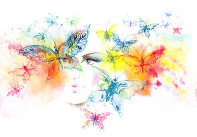 Fotobehang Portret van een vrouw tussen vlinders