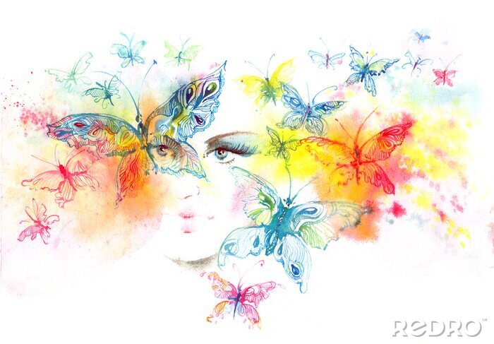 Fotobehang Portret van een vrouw tussen vlinders