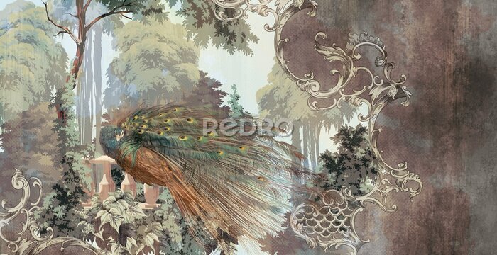 Fotobehang Prachtige pauw tussen bladeren in vintage stijl