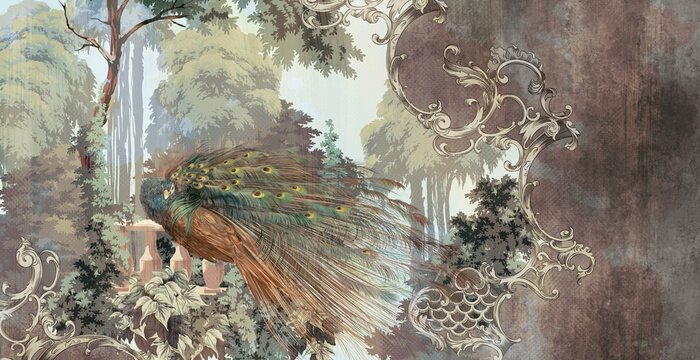 Fotobehang Prachtige pauw tussen bladeren in vintage stijl