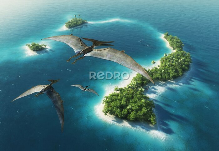 Fotobehang Pterosaurussen vliegen over een ongerept eiland