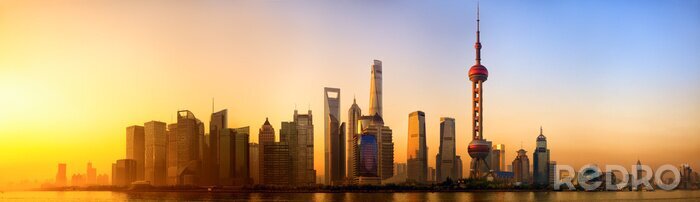 Fotobehang Pudong panorama at sunrise, Shanghai, China