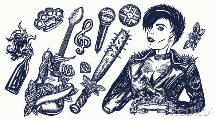 Fotobehang Punk music set. Old school tattoo vector collection. Punker with mohawk hairstyle, rock woman, guitarist girl. Hooligans lifestyle. Electric guitar. Anarchy art