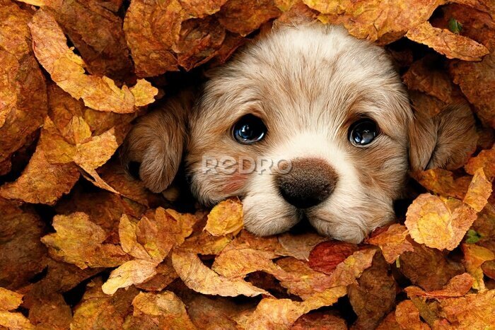 Fotobehang Puppy speelt in een hoop herfstbladeren