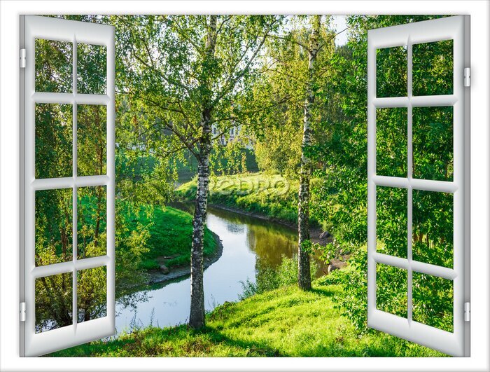 Fotobehang Raam met uitzicht op de rivier in een groen park
