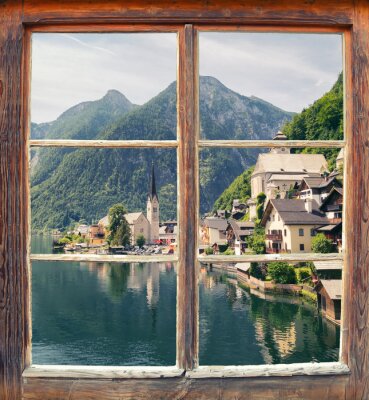 Fotobehang Raam met uitzicht op Hallstatt