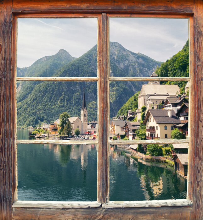 Fotobehang Raam met uitzicht op Hallstatt