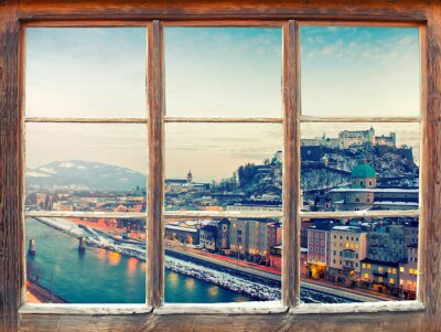 Fotobehang Raam met uitzicht op Salzburg