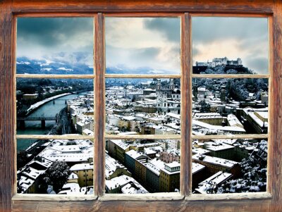 Fotobehang Raam met uitzicht op Salzburg