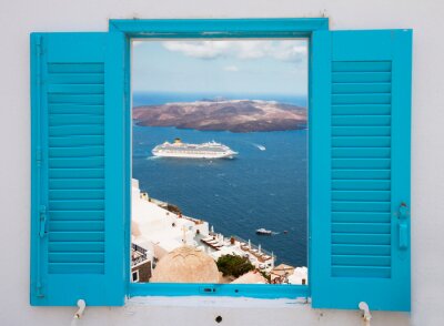 Fotobehang raam met uitzicht op Santorini vulkaan