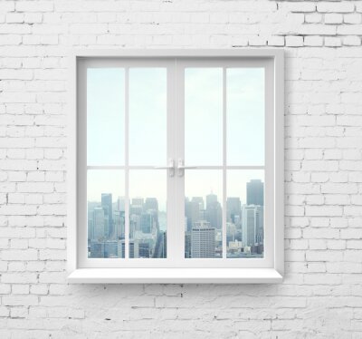 Fotobehang raam met wolkenkrabber