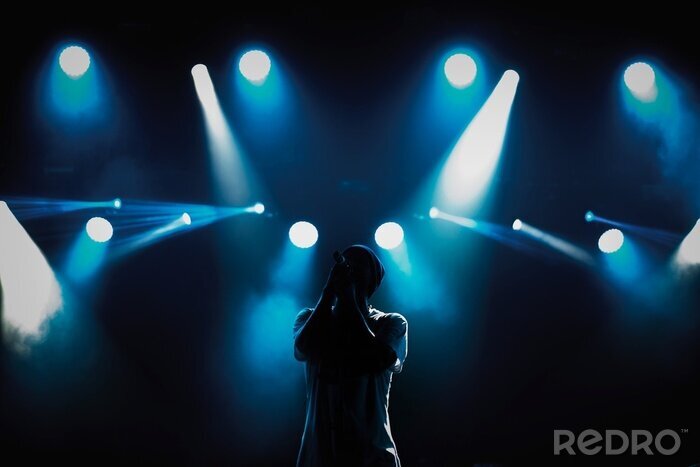 Fotobehang Rap singer with microphone on stage in music hall