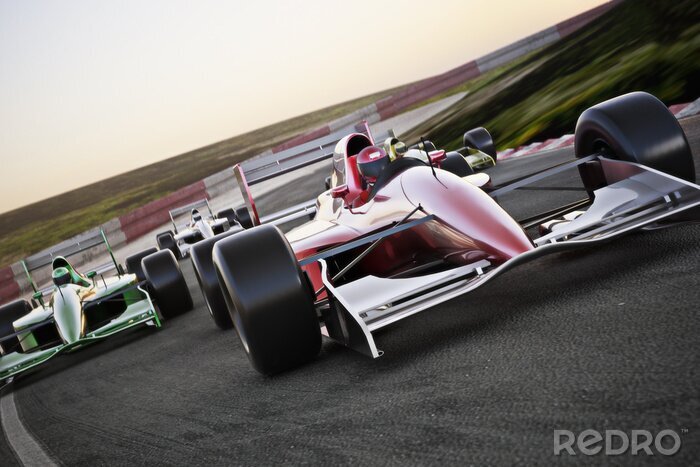 Fotobehang Red race car close up front view on a track leading the pack