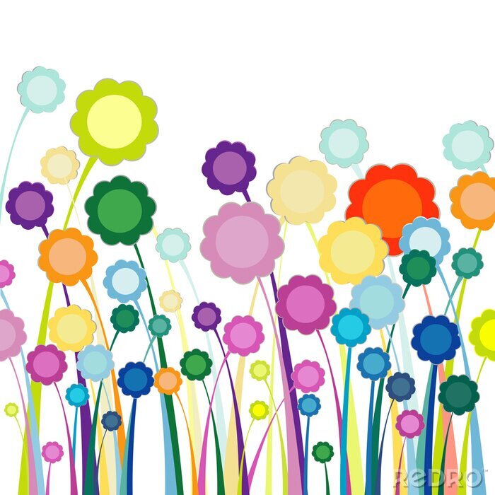 Fotobehang Regenboogbloemen in de weide minimalistische illustratie