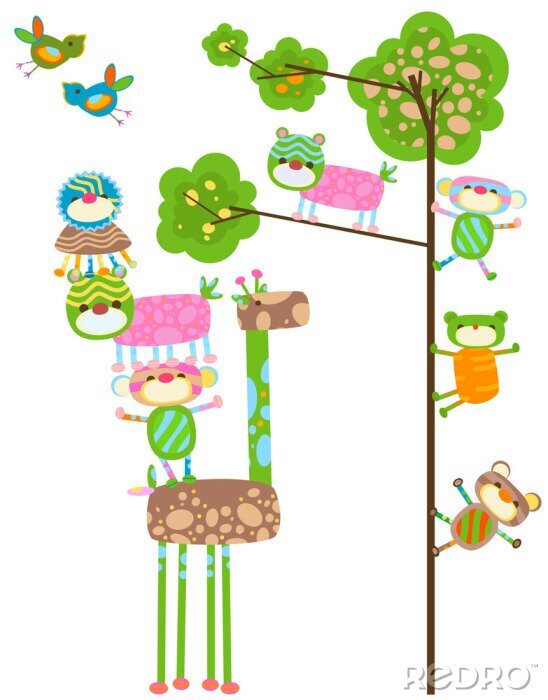 Fotobehang Regenbooggiraf en dieren op de boom