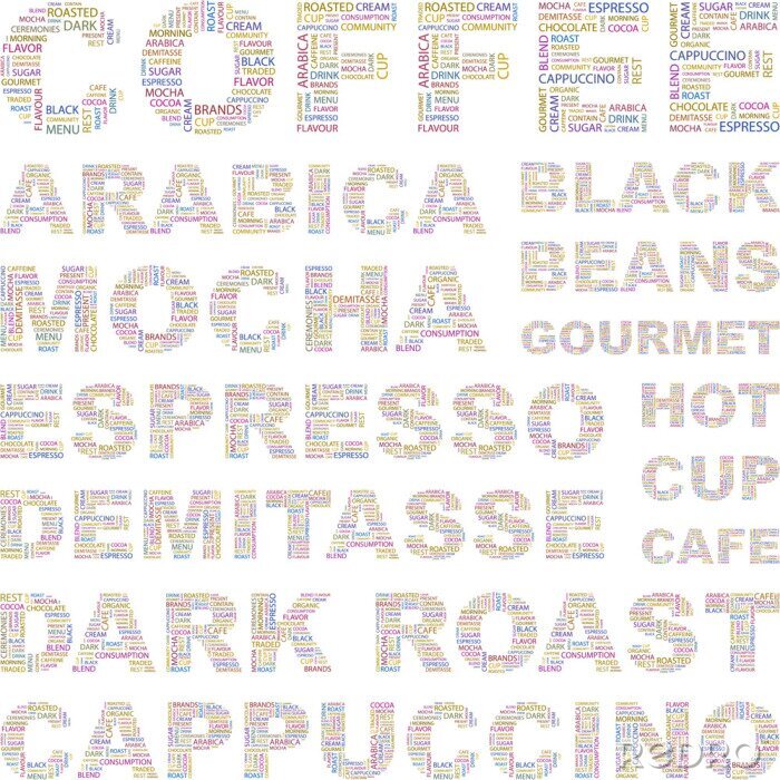 Fotobehang Regenbooginscripties met soorten koffie