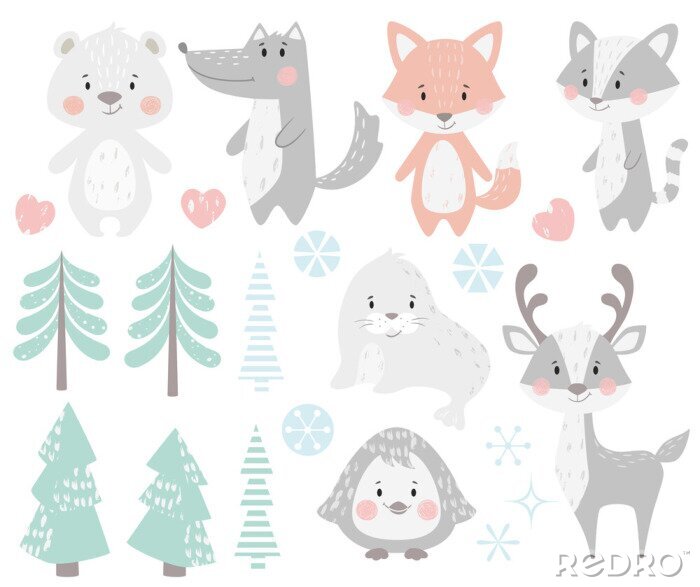 Fotobehang Rendier, wasbeer, zeehond, wolf, pinguïn, beer, vos baby winter set.