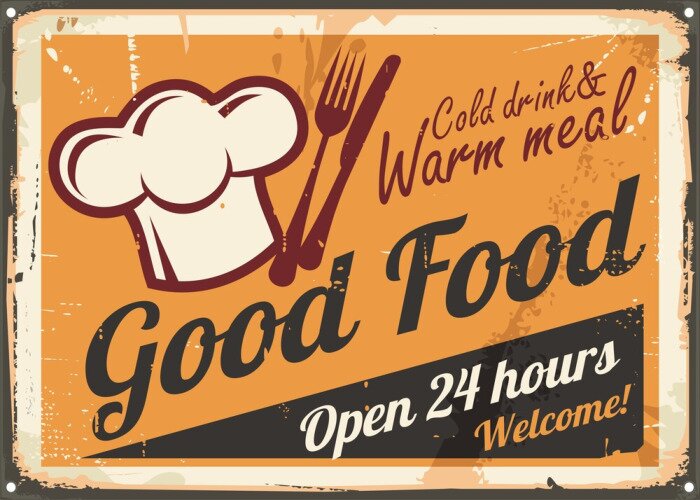 Fotobehang Restaurant teken ontwerp. Goed eten, koud drankje en warme maaltijd retro poster sjabloon met chef-kok hoed, mes en vork op oude roestige metalen textuur.