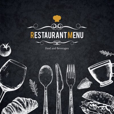 Restaurantmenu ontwerp. Vector menu brochure sjabloon voor cafe, koffiehuis, restaurant, bar. Voedsel en dranken logotype symbool ontwerp. Met een schetsafbeeldingen