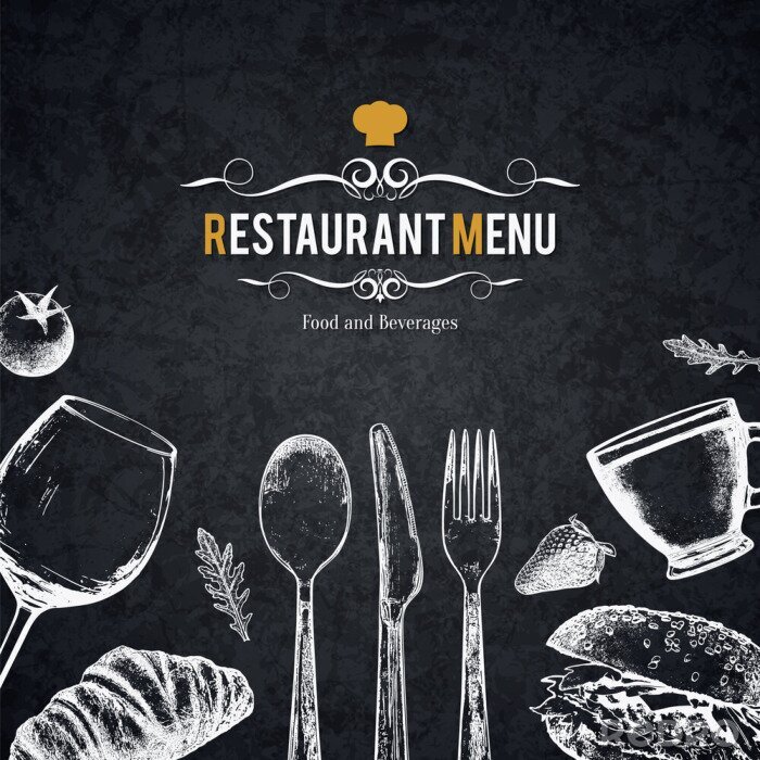 Fotobehang Restaurantmenu ontwerp. Vector menu brochure sjabloon voor cafe, koffiehuis, restaurant, bar. Voedsel en dranken logotype symbool ontwerp. Met een schetsafbeeldingen