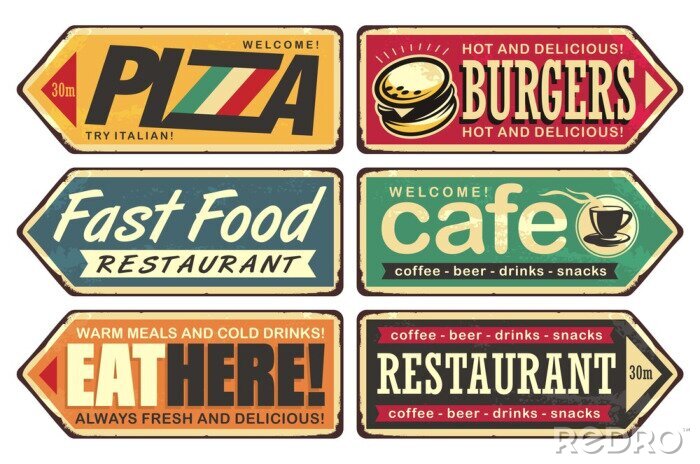 Fotobehang Retro borden collectie. Vintage tekenposten instellen voor café, pizza, hamburger en fast-food restaurant. Eten en drinken vectoren poster op oude gestructureerde achtergrond.