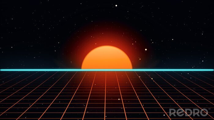 Fotobehang Retro futuristisch 80s VHS-spel intro landschap. Vlucht over het neonraster met zonsopgang en sterren. Arcade vintage gestileerde sci-fi VJ-motie 3d illustratie in 4K