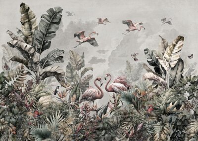 Fotobehang Retro-illustratie met flamingo&#39;s tegen een jungleachtergrond