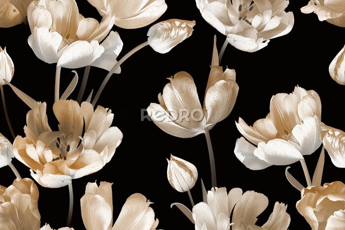 Fotobehang Retro ontwerp met tulpen op zwarte achtergrond