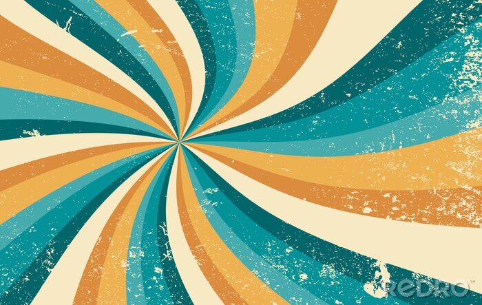 Fotobehang retro starburst sunburst background pattern and grunge textured vintage color palette of orange yellow and blue green in spiral or swirled radial striped vector design