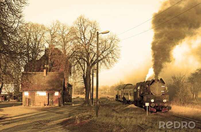 Fotobehang Retro trein aan een dorp