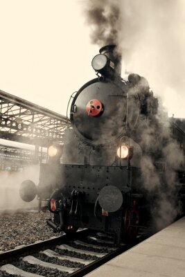 Fotobehang Retro-trein in stoomwolken