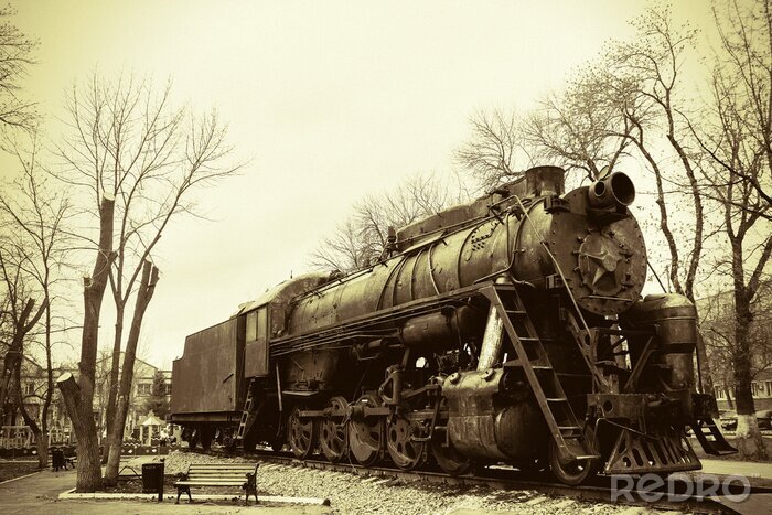 Fotobehang Retro trein in zwarte witte tinten