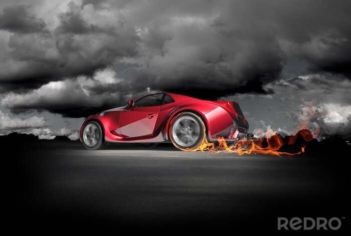 Fotobehang Rode auto in rookwolken